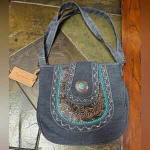 Canyon Sky Elegant Denim Shoulder Bag with Embroidered Details